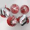 Red Swirl Pop-up Christmas Ball Ornaments 5 ct. 3"; COLLAPSIBLE Xmas Tree Reversible Plastic Ornaments; Shatterproof